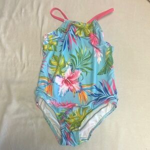 Blue and Pink One Piece Tropical Swimsuit